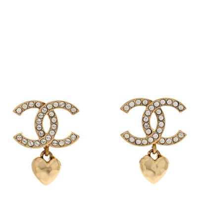 Metal Crystal CC Heart Drop Earrings Gold