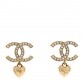 Metal Crystal CC Heart Drop Earrings Gold