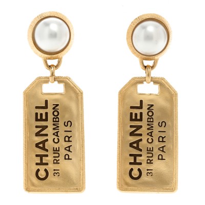 Pearl CC Tags Drop Earrings Gold
