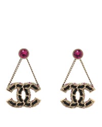 Metal Lambskin Crystal CC Chain Drop Earrings Black Gold Pink Multicolor