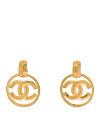 Metal Round CC Drop Clip On Earrings Gold
