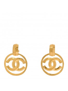 Metal Round CC Drop Clip On Earrings Gold