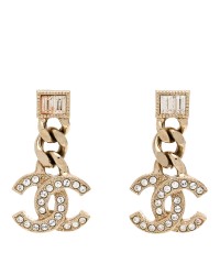 Metal Crystal Baguette CC Chain Drop Earrings Gold