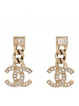 Metal Crystal Baguette CC Chain Drop Earrings Gold