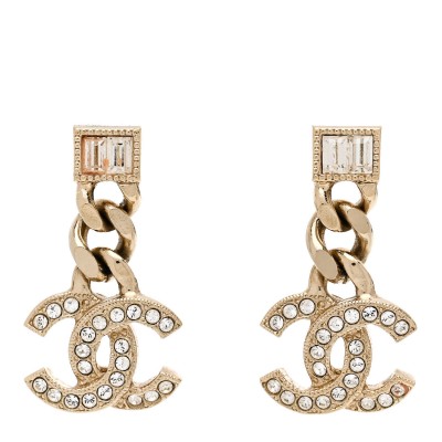 Metal Crystal Baguette CC Chain Drop Earrings Gold