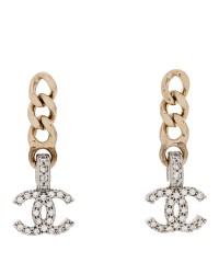 Metal Crystal CC Chain Drop Earrings Gold