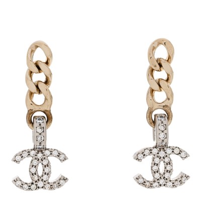 Metal Crystal CC Chain Drop Earrings Gold