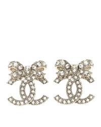 Crystal CC Bow Dangle Earrings Gold