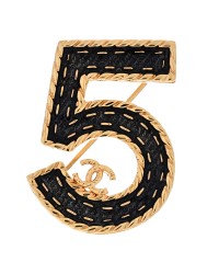Metal Enamel CC No 5 Rope Brooch Gold Denim Blue