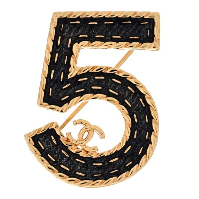 Metal Enamel CC No 5 Rope Brooch Gold Denim Blue