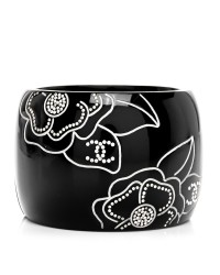 Resin Crystal Camellia CC Cuff Bracelet Black Silver