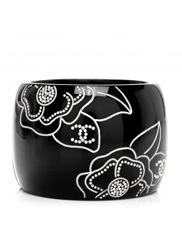 Resin Crystal Camellia CC Cuff Bracelet Black Silver