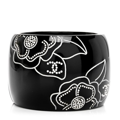 Resin Crystal Camellia CC Cuff Bracelet Black Silver