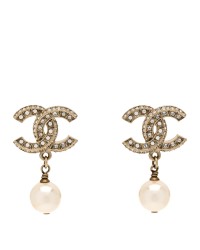 Crystal Pearl CC Drop Earrings Gold