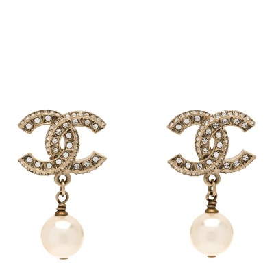 Crystal Pearl CC Drop Earrings Gold