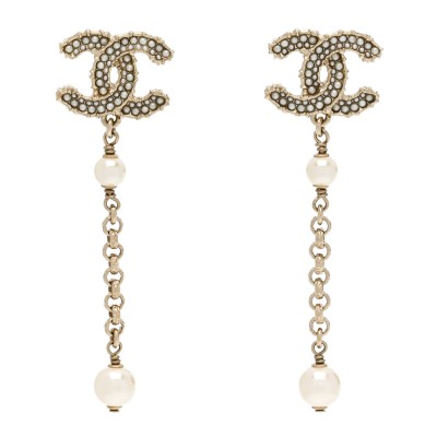 Pearl CC Chain Drop Earrings Gold
