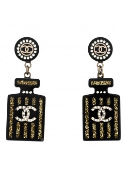 Resin Strass Perfume Bottle CC Earrings Black Gold