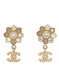 Crystal CC Flower Dangle Earrings Gold Beige