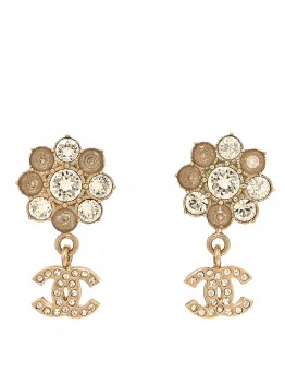 Crystal CC Flower Dangle Earrings Gold Beige