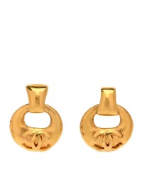 Metal Round CC Drop Clip On Earrings Gold