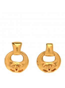 Metal Round CC Drop Clip On Earrings Gold