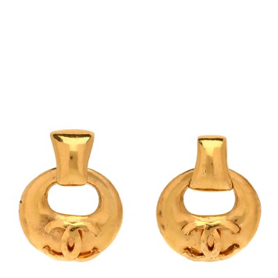 Metal Round CC Drop Clip On Earrings Gold