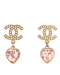 Crystal Pearl Heart CC Drop Earrings Pink Gold