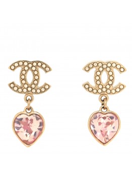 Crystal Pearl Heart CC Drop Earrings Pink Gold