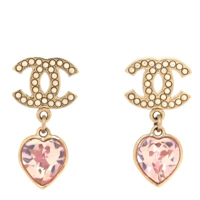 Crystal Pearl Heart CC Drop Earrings Pink Gold