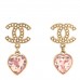 Crystal Pearl Heart CC Drop Earrings Pink Gold