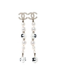 Pearl Crystal Coco's Pearls CC Long Drop Earrings Pearly White Gold Black