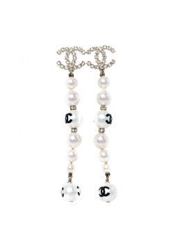 Pearl Crystal Coco's Pearls CC Long Drop Earrings Pearly White Gold Black