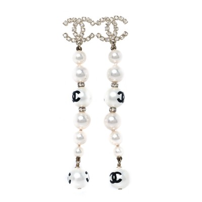 Pearl Crystal Coco's Pearls CC Long Drop Earrings Pearly White Gold Black