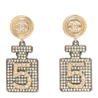 Crystal CC No 5 Perfume Bottle Drop Earrings Gold Silver
