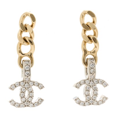 Metal Crystal CC Chain Drop Earrings Gold