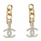 Metal Crystal CC Chain Drop Earrings Gold