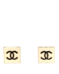 Metal Enamel CC Square Earrings Gold White Black