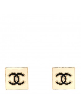 Metal Enamel CC Square Earrings Gold White Black