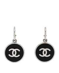 Metal Enamel CC Dangle Earrings Silver Black