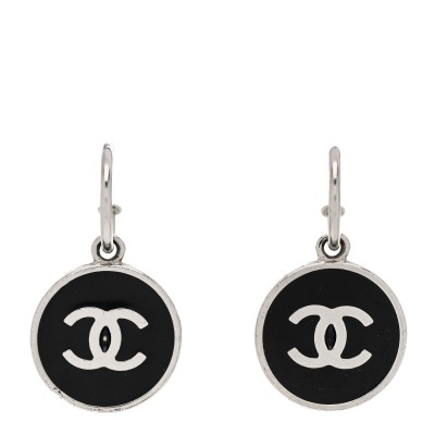 Metal Enamel CC Dangle Earrings Silver Black