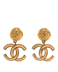 Metal CC Logo Drop Clip On Earrings Gold
