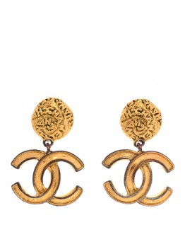 Metal CC Logo Drop Clip On Earrings Gold