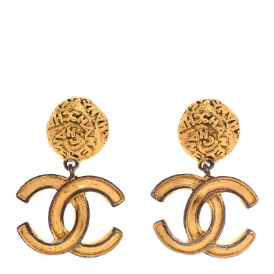 Metal CC Logo Drop Clip On Earrings Gold