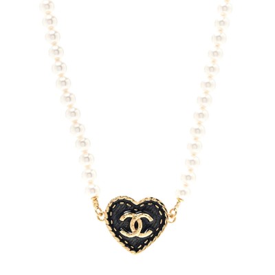Metal Denim CC Heart Choker Gold Blue Pearly White