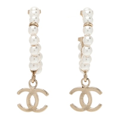 Pearl Charms CC Hoop Earrings Gold