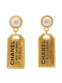 Pearl CC Tags Drop Earrings Gold
