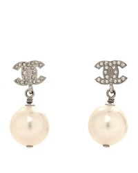Crystal Pearl CC Drop Earrings Silver Pearly White