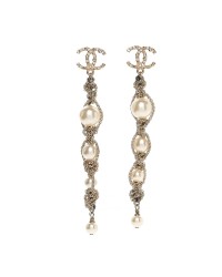 Pearl Crystal CC Chain Drop Earrings Gold