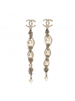 Pearl Crystal CC Chain Drop Earrings Gold