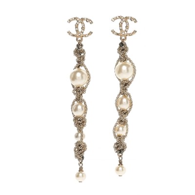 Pearl Crystal CC Chain Drop Earrings Gold